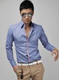 Camisa Manga Longa Slim Fit Casual - Azul